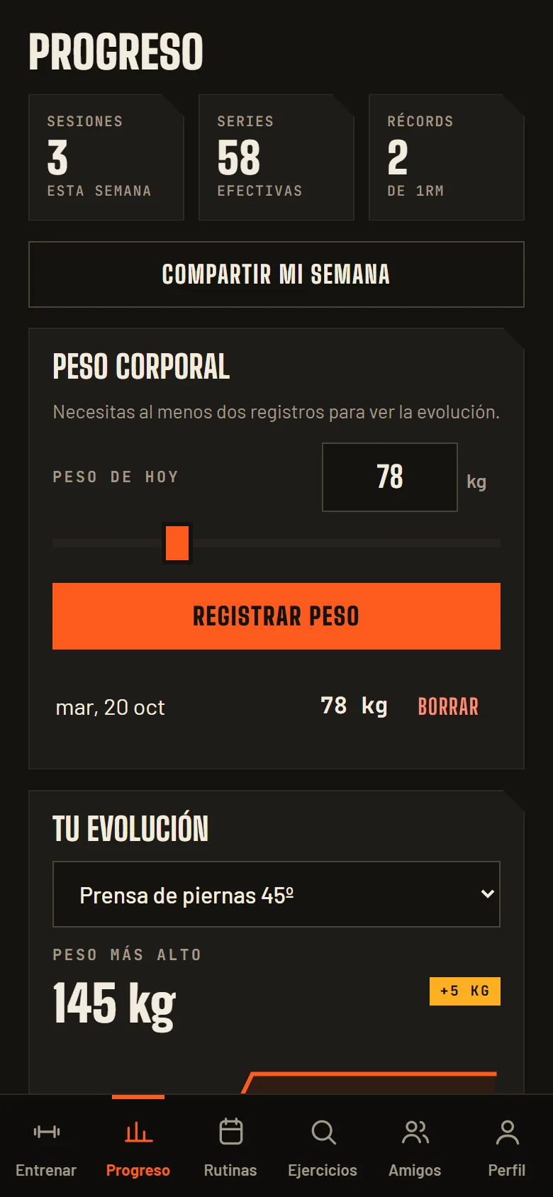 Pantalla Progreso: sesiones, series efectivas, récords y evolución del peso en un ejercicio